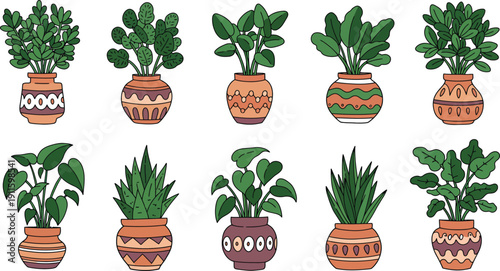 Isolated set of flowers in pots featuring green leaves and small houseplants for home gardening and botany growth on a white background
