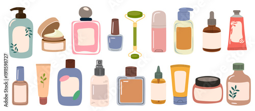 Flat minimalist illustration of skincare and beauty containers with blank labels, pastel palette and subtle shadows. Modern hand drawn vector illustrations isolated on transparent background.