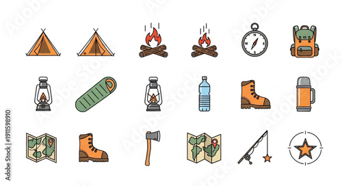Camping and Hiking Gear Icons Set Vector Illustration.