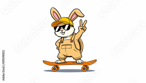 Cool cartoon rabbit character wearing sunglasses and a yellow cap, making a peace sign while skateboarding on an orange board.
