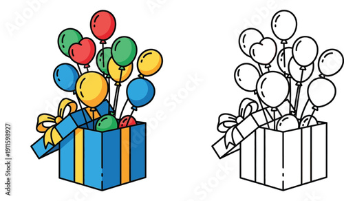 Open blue gift box with flying colorful balloons and black and white outline vector illustration set for coloring book or birthday party celebration design