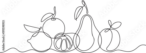 Abstract fruits drawing. Continuous one line art of fruits. Lemon lime mandarin pear peach fruit set.one line icon illustration with white background