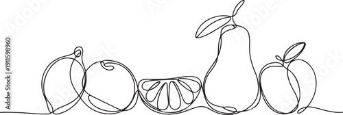 Abstract fruits drawing. Continuous one line art of fruits. Lemon lime mandarin pear peach fruit set.one line icon illustration with white background
