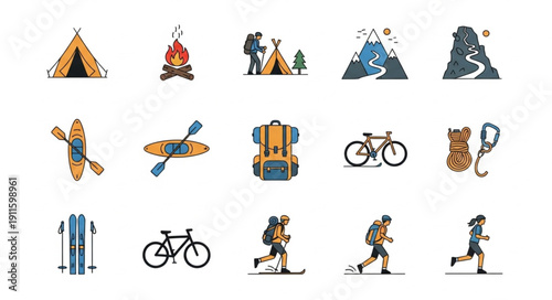 Collection of outdoor adventure and camping icons.