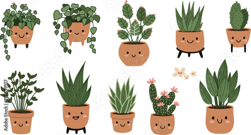 Isolated set of gardening tools, flowers, and houseplants with green leaves in pots for home garden decoration on a white background