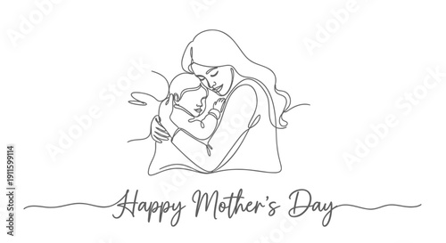 Mother's Day line art illustration of a mother and child hug, Happy Mother's Day text