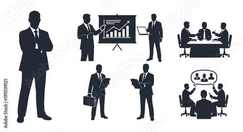 Business Professionals in Various Work Scenarios Silhouette Collection.