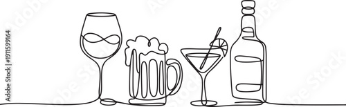 Alcohol drinks in continuous one line drawing.one line icon illustration with white background