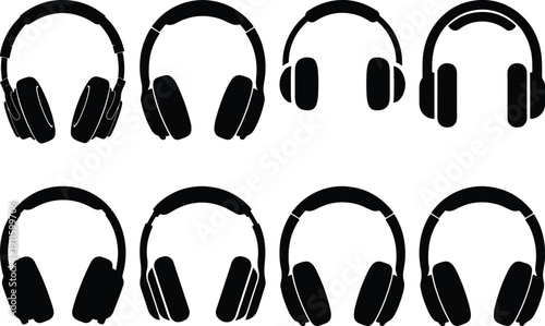 Eight variations of black headphone outlines on white background