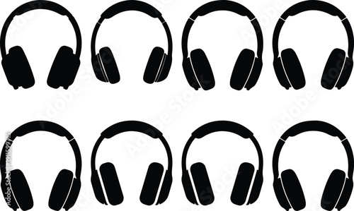 Group of eight diverse black headphone vector graphics