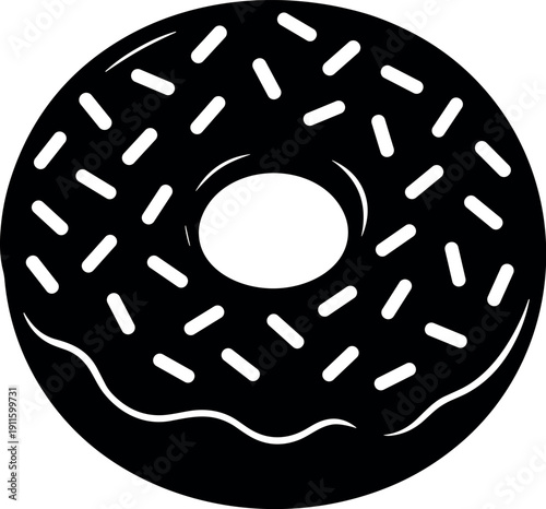 Solid Black Silhouette of a Round Donut with Icing and Sprinkles Graphic Vector