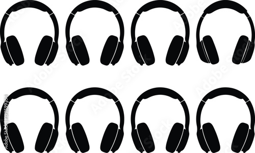 Assortment of eight unique black headphone shapes on white