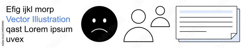 Fototapeta premium Emotional expression, communication, user interaction, document sharing, digital identity, group . Frowny face, two user icons and a document. Emotional expression and communication concept