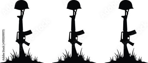 Fallen soldier memorial silhouette with rifle and helmet