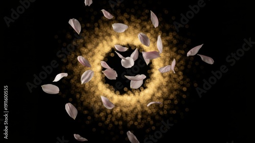 Pink petals floating around glowing golden light ring on black background