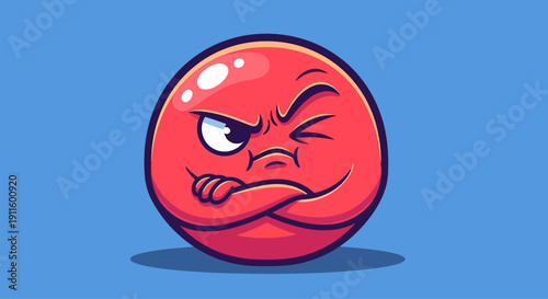 Angry Red Ball Character Winking with Crossed Arms, Cartoon Style