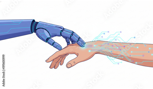 Human and robot collaboration vector illustration symbolizing future AI technology innovation