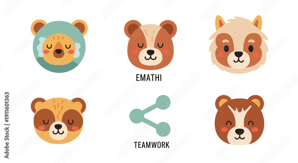Fototapeta premium Cute Bear Faces and Teamwork Icon - Adorable Animal Characters for Kids and Collaboration Themes