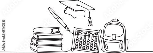 Education continuous one line drawing. Set of books, academic cap, pen, abacus, and study bag.one line icon illustration with white background