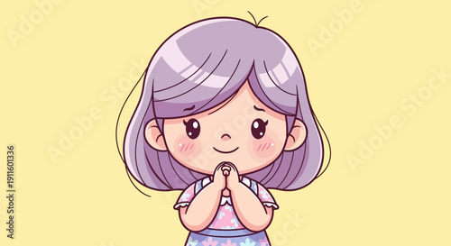 Cute anime girl with purple hair praying or pleading with hopeful eyes, kawaii style