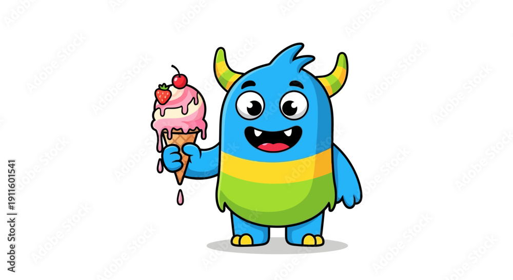 Obraz premium Cute blue monster holding strawberry ice cream cone, cartoon character, fun, sweet, summer treat