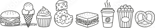 Hand Drawn Fast Food and Dessert Doodle Set with Burger Ice Cream Donut Popcorn Soda Vector Illustration