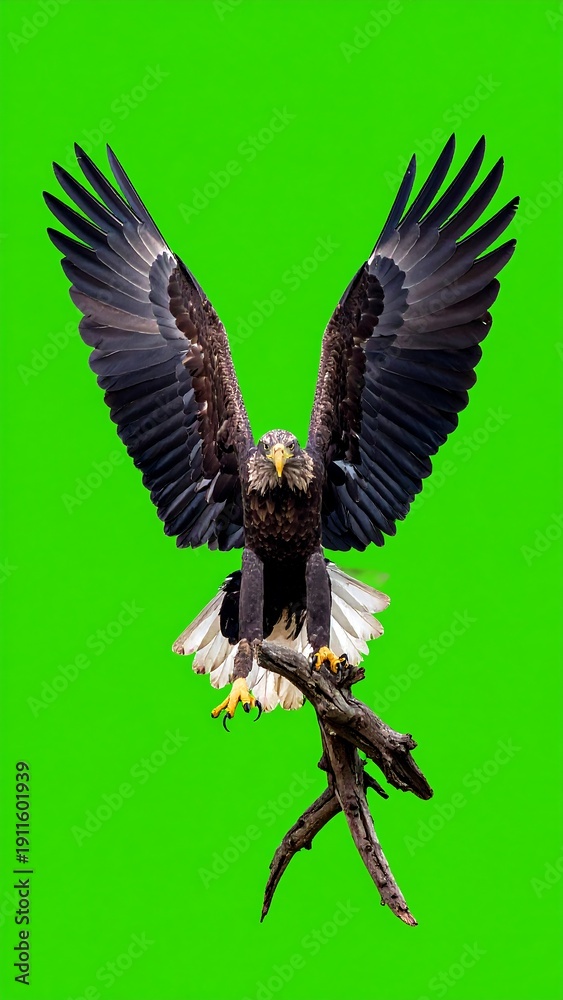 Fototapeta premium A bald eagle in flight on a green and white background