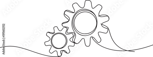 Gears in one continuous line drawing. Continuous single line illustration of gears wheels. Two moving cog gear.one line icon illustration with white background