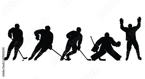 Hockey players silhouettes set with different poses and actions, black on white featuring sports, athletes, action with goalkeeper and celebration elements for victory, team projects, clean