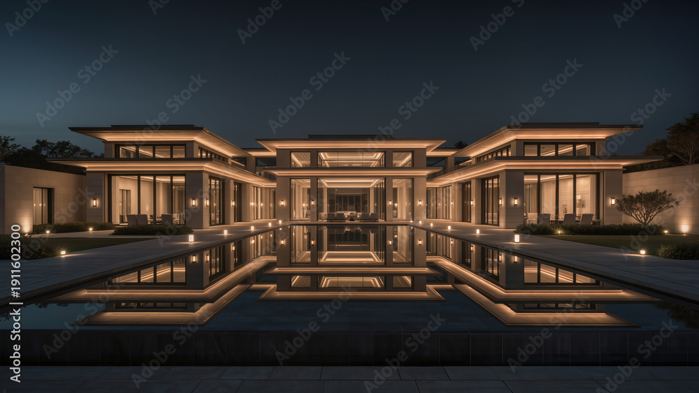 Fototapeta premium Luxury Modern Villa Exterior at Night with Warm Lighting