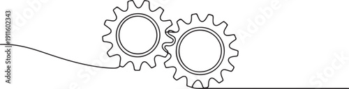 Gears in one continuous line drawing. Continuous single line illustration of gears wheels. Two moving cog gear.one line icon illustration with white background
