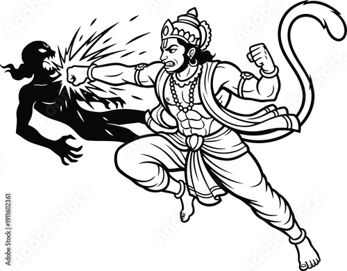 Lord Hanuman Fighting Demon Line Art Vector Illustration from Ramayana Epic Battle Scene