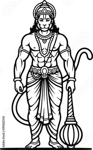 Lord Hanuman Standing with Gada Line Art Vector Illustration from Ramayana Epic
