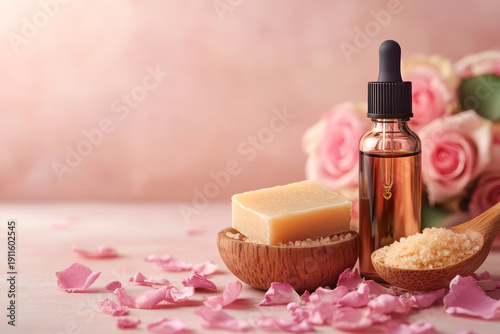 Rose-infused skincare products with essential oil, natural soap, and pink petals on wooden bowls