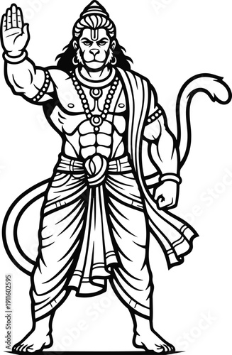 Lord Hanuman Blessing Pose Line Art Vector Illustration from Ramayana Epic