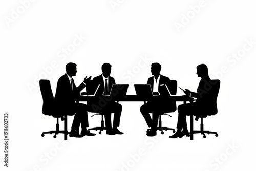 Meeting of Minds: Silhouette figures engage in a focused business meeting. Illustrating teamwork, problem-solving, and decision-making in a professional context.