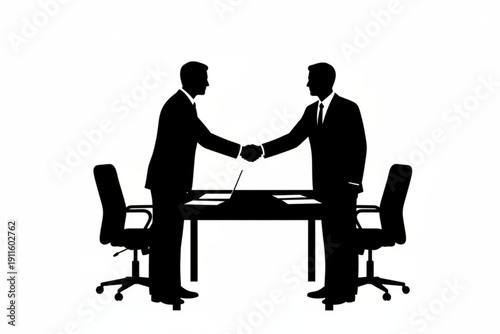 Business Deal Silhouette: A dynamic black and white composition of two businessmen shaking hands across a table, symbolizing a successful partnership and agreement in the realm of business.
