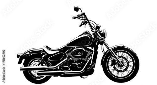 Classic black and white cruiser motorcycle silhouette with high handlebars and chrome details