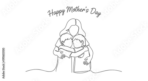 Mother and children hug line art illustration for Happy Mother's Day, minimalist family portrait in one line style
