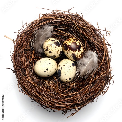 A bird's nest containing four speckled eggs and feathers