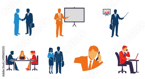 Business People Meeting and Working Icons Set.
