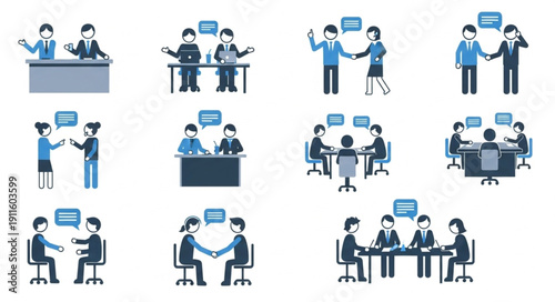 Business meeting and discussion icons set.