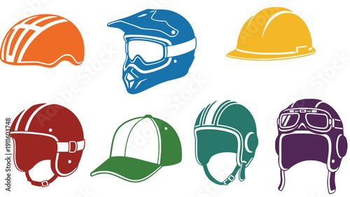 Helmet vector icons in different colors and styles for safety and protection