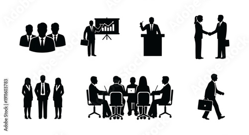 Business meeting and presentation icons silhouette set.
