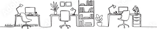 Set of home office interiors in one continuous line drawing.one line icon illustration with white background