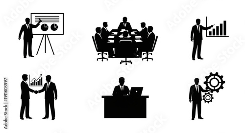 Business meeting and presentation icons silhouette set.
