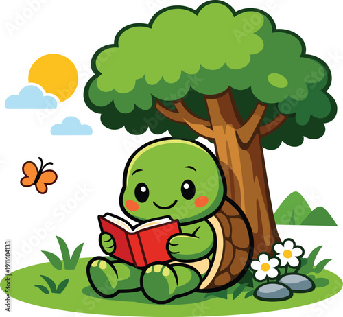 Happy cartoon turtle reading a book under a tree on a sunny day, peaceful nature scene