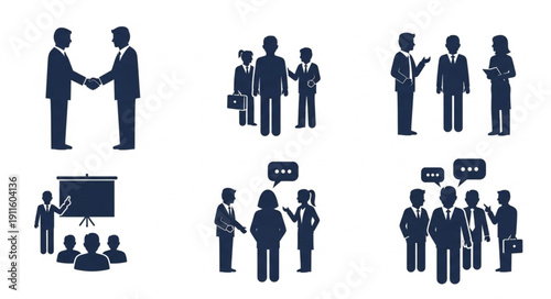 Business People Silhouettes in Various Meeting Scenarios.