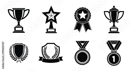Awards and badges set with trophy icons, medals, and ribbons in black and white modern design featuring award, badge, medal with ribbon and laurel elements for winner, champion projects, clean