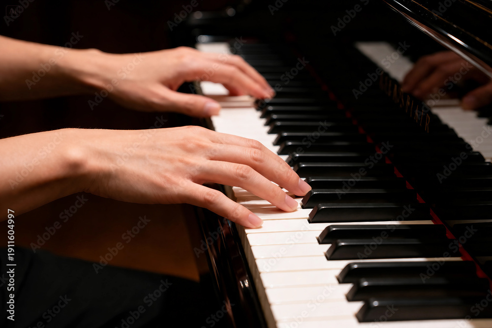 Fototapeta premium Close-Up of Hands Playing Grand Piano in Concert Hall